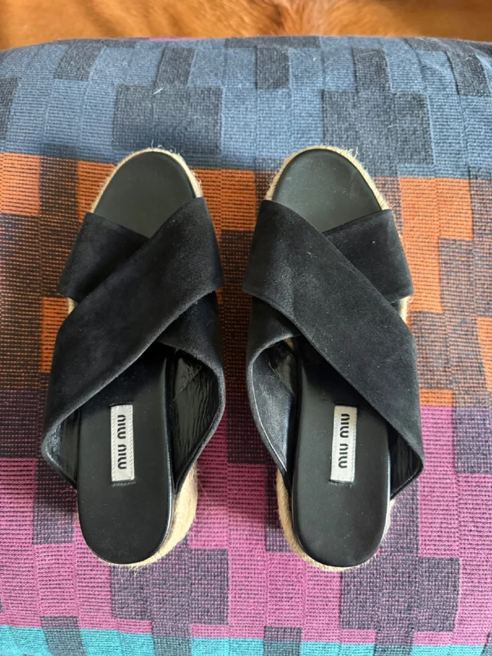 Miu Miu Black Suede CrissCross Espadrille Platform Slides